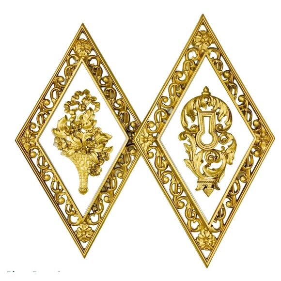 Vintage 70s Hollywood Regency MCM Syroco Diamond Gold Wall Plaques Hanging - Picture 2 of 7